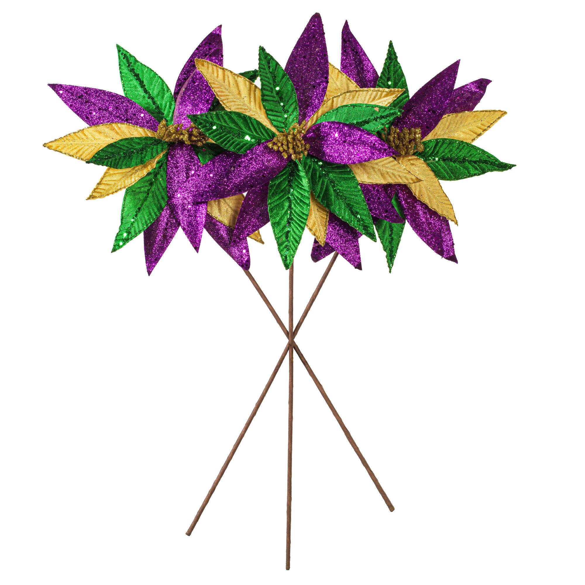 20" Mardi Gras Sequin Poinsettia Stems, 3ct.